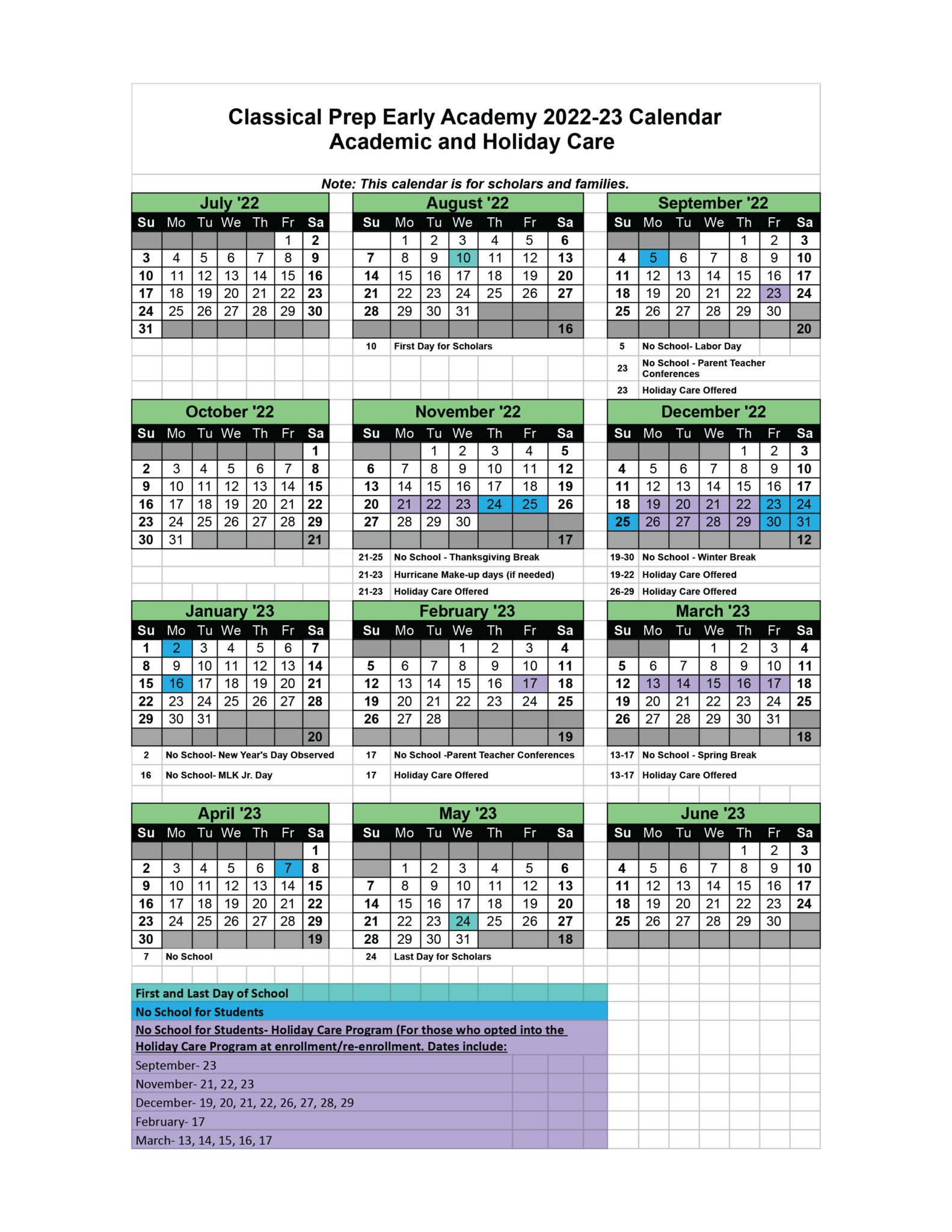 Early Academy Academic Calendar Classical Preparatory School